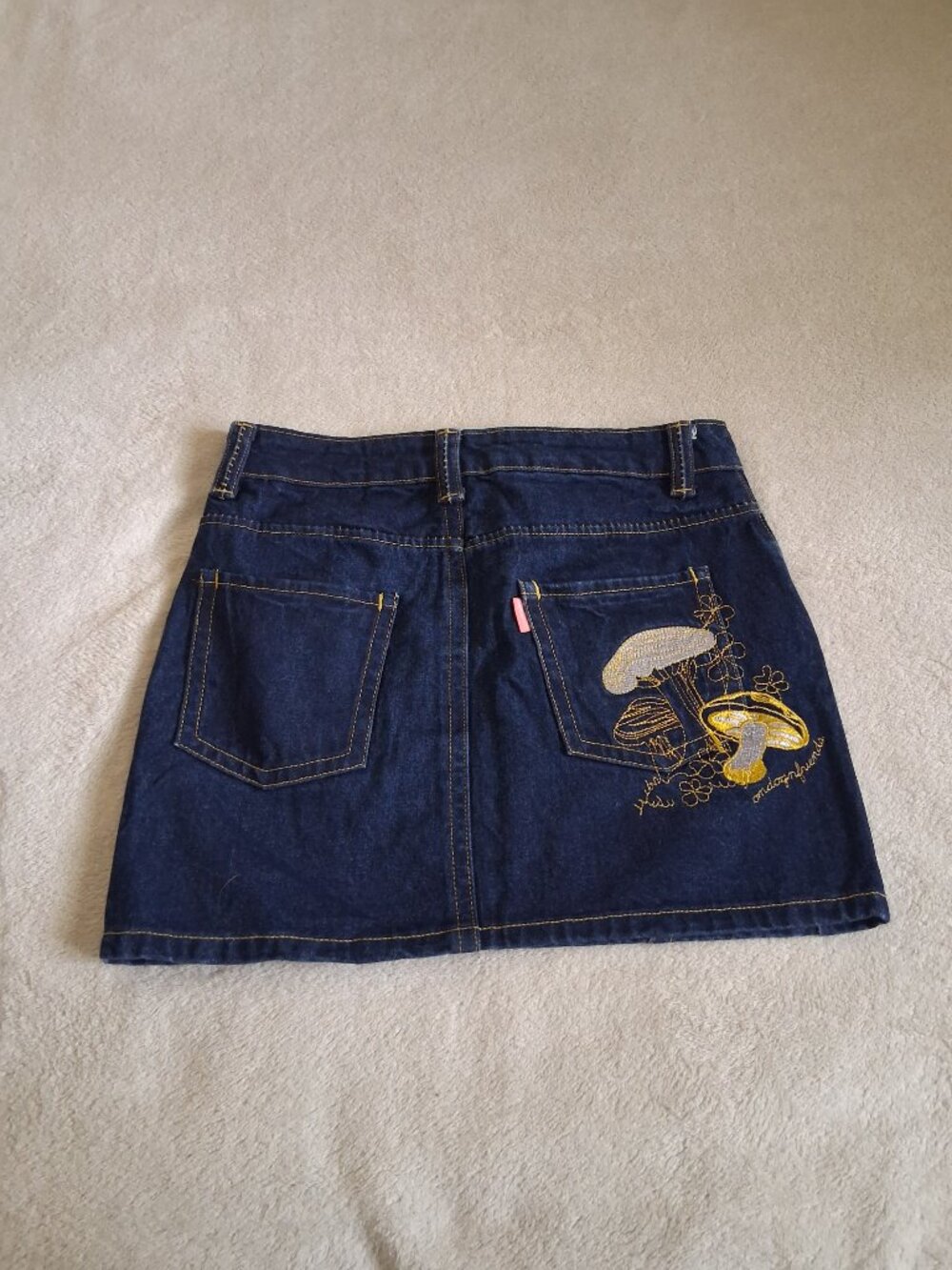 On Dog N' Friends (ODF) Women's M Embroidered Mushroom Dark Denim Mini Skirt - Picture 8 of 12
